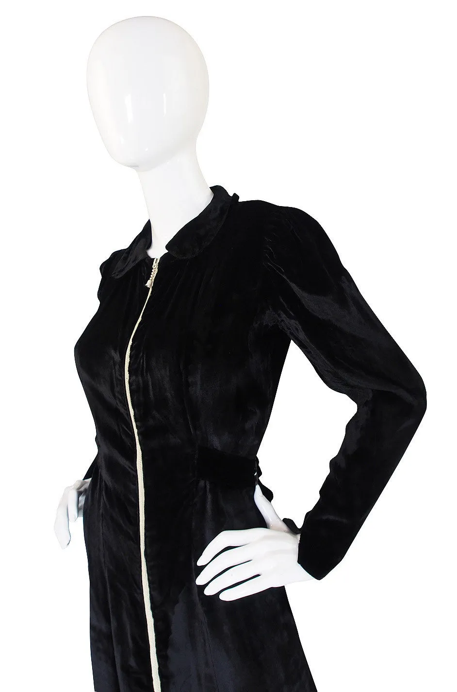 1920s Velvet Coat Dress w White Zipper