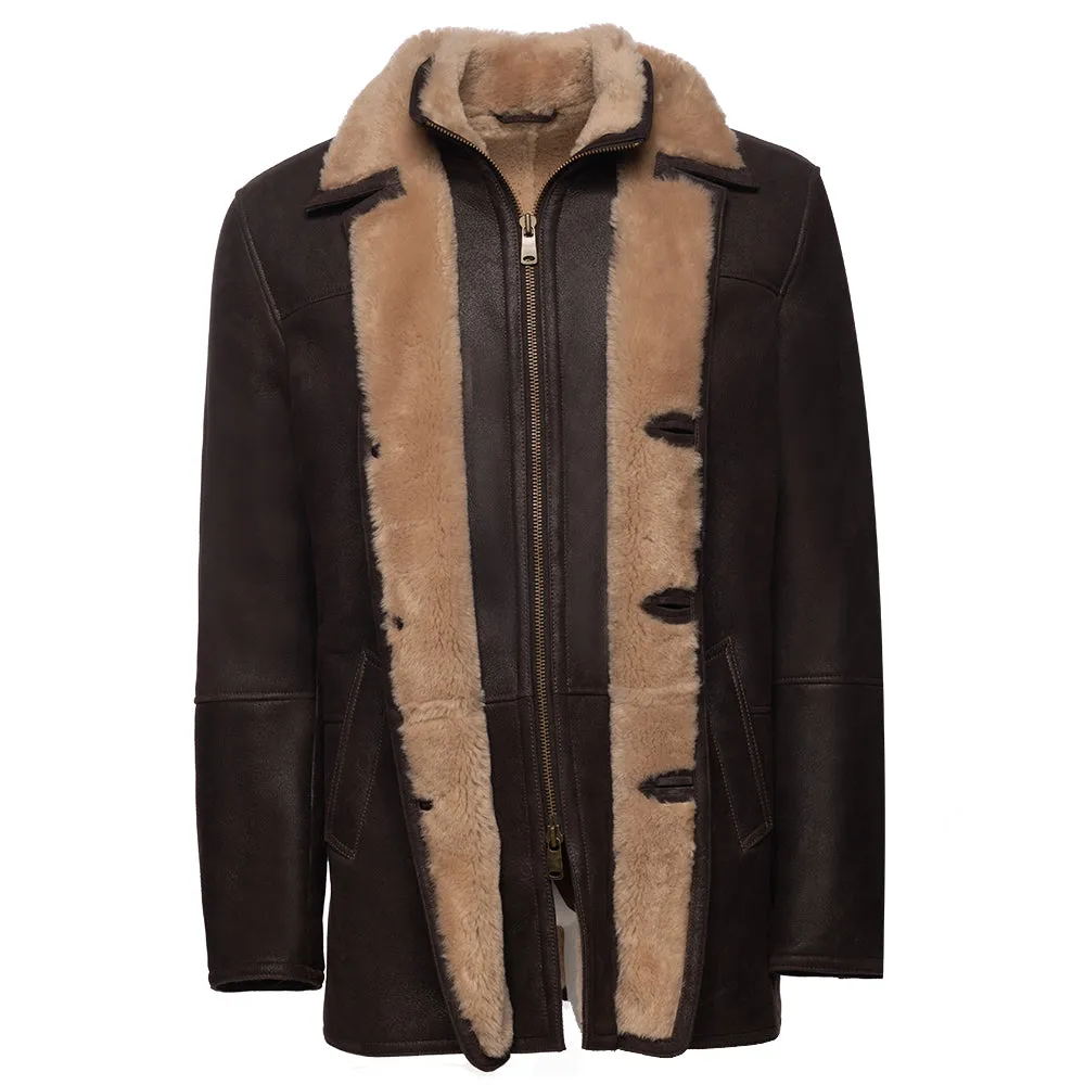 Alex's brown shearling driving coat