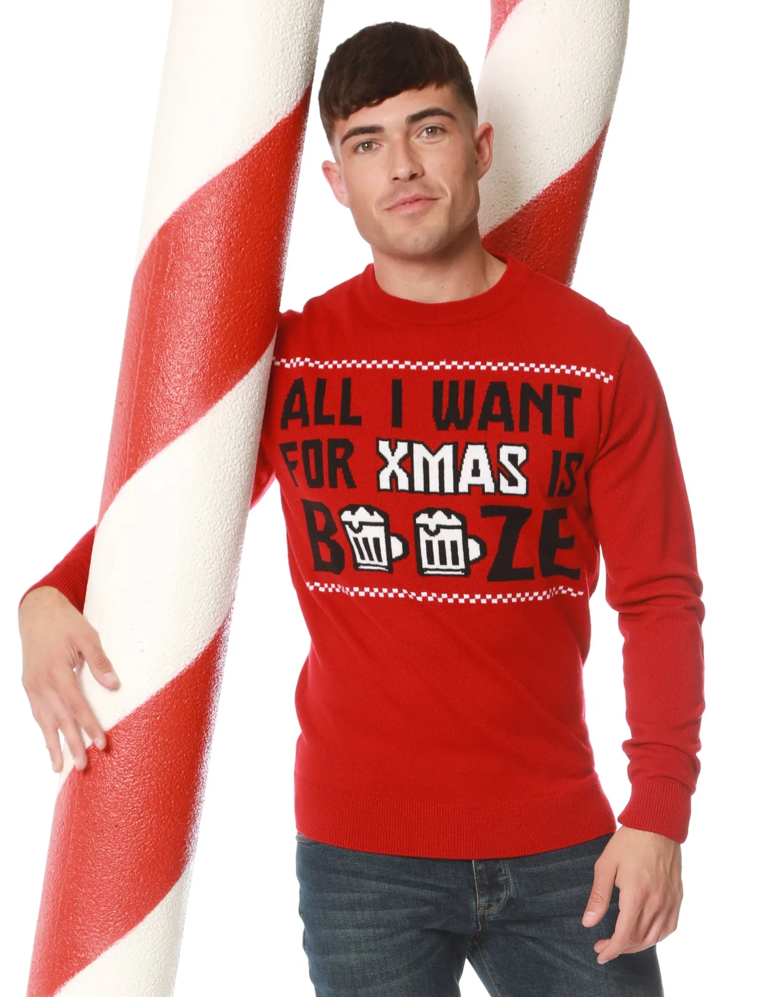 All I Want Booze Motif  Novelty Christmas Jumper in George Red - Merry Christmas