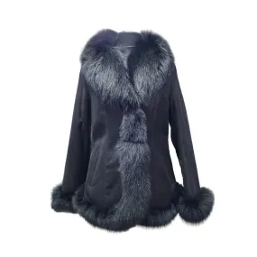 Astrid black shearling coat with fox fur trim