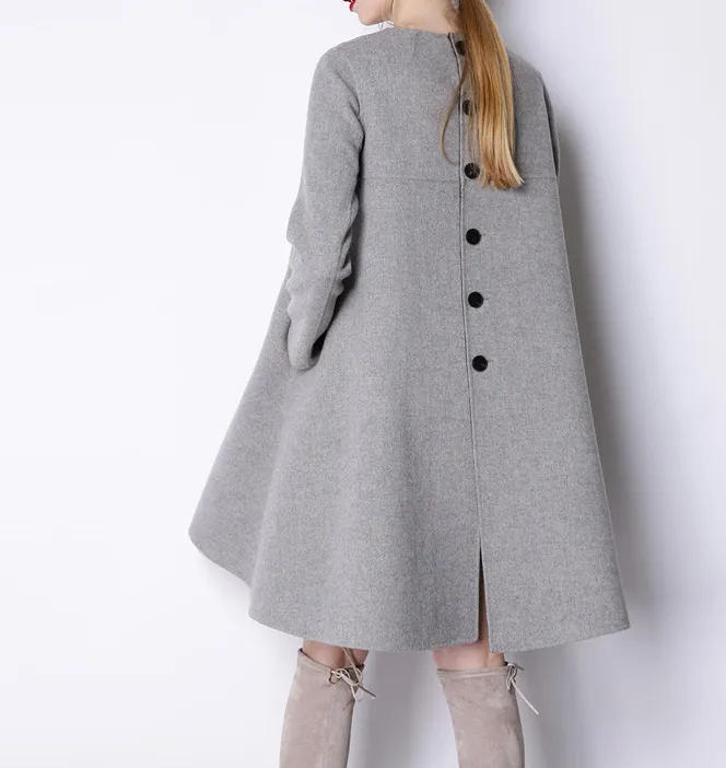 Back Buttons Dress Women Winter Black Long Women Wool Coat Jacket