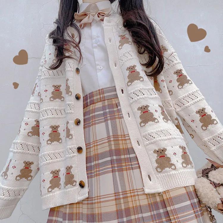 Bear knitted long sleeve coat KF82237