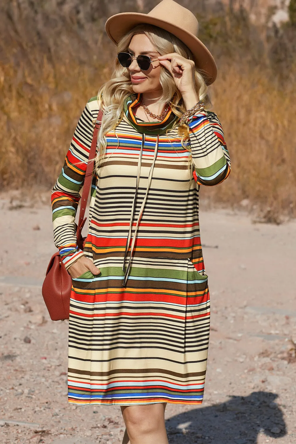 Beige Turtleneck Striped Mini Dress