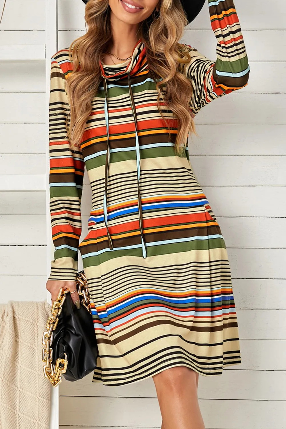 Beige Turtleneck Striped Mini Dress