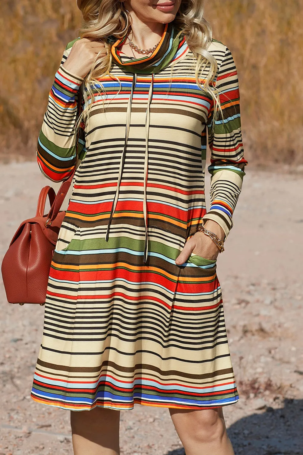 Beige Turtleneck Striped Mini Dress