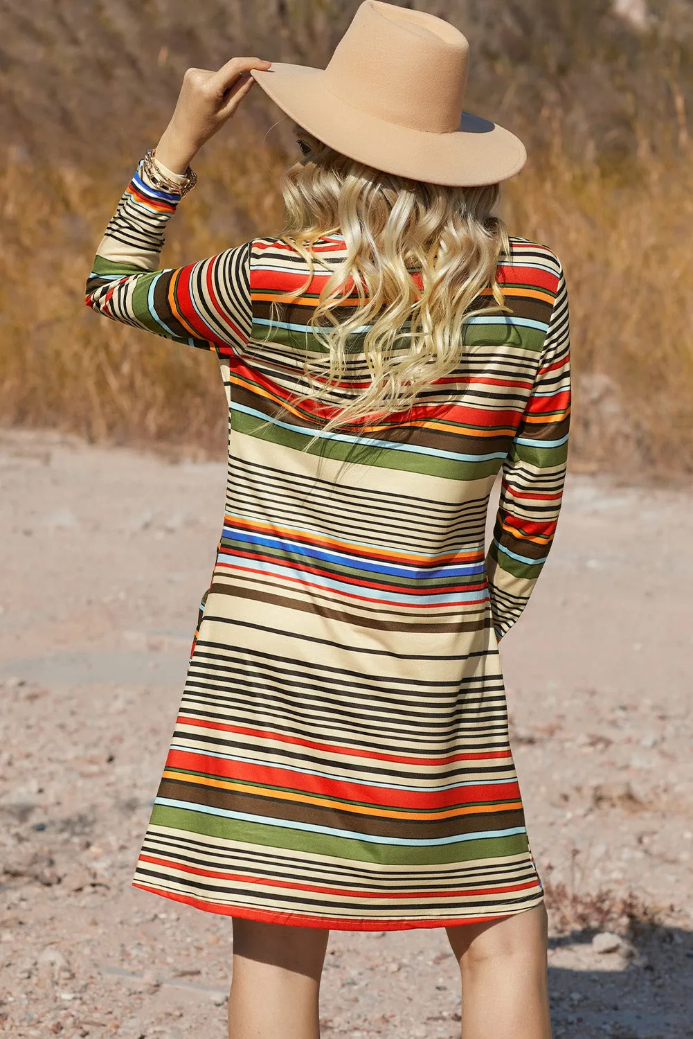 Beige Turtleneck Striped Mini Dress