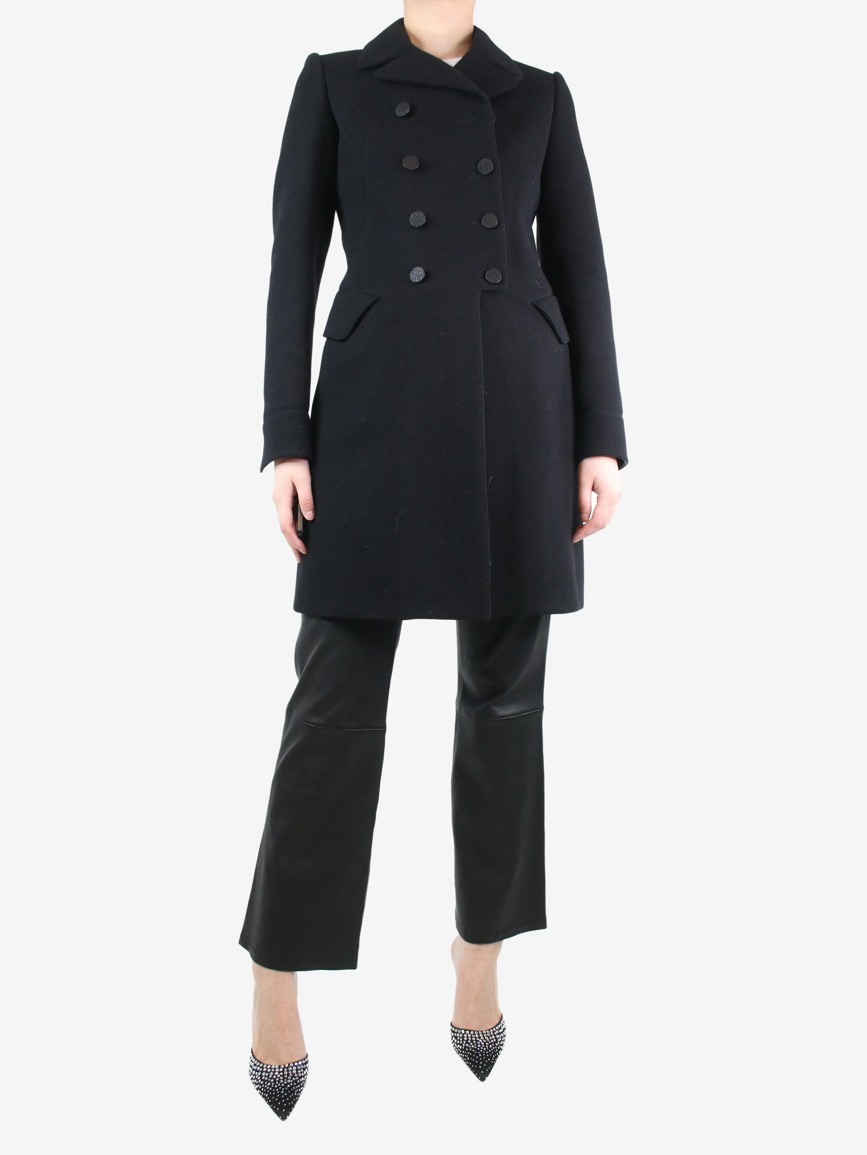 Black double-breasted wool coat - size UK 12