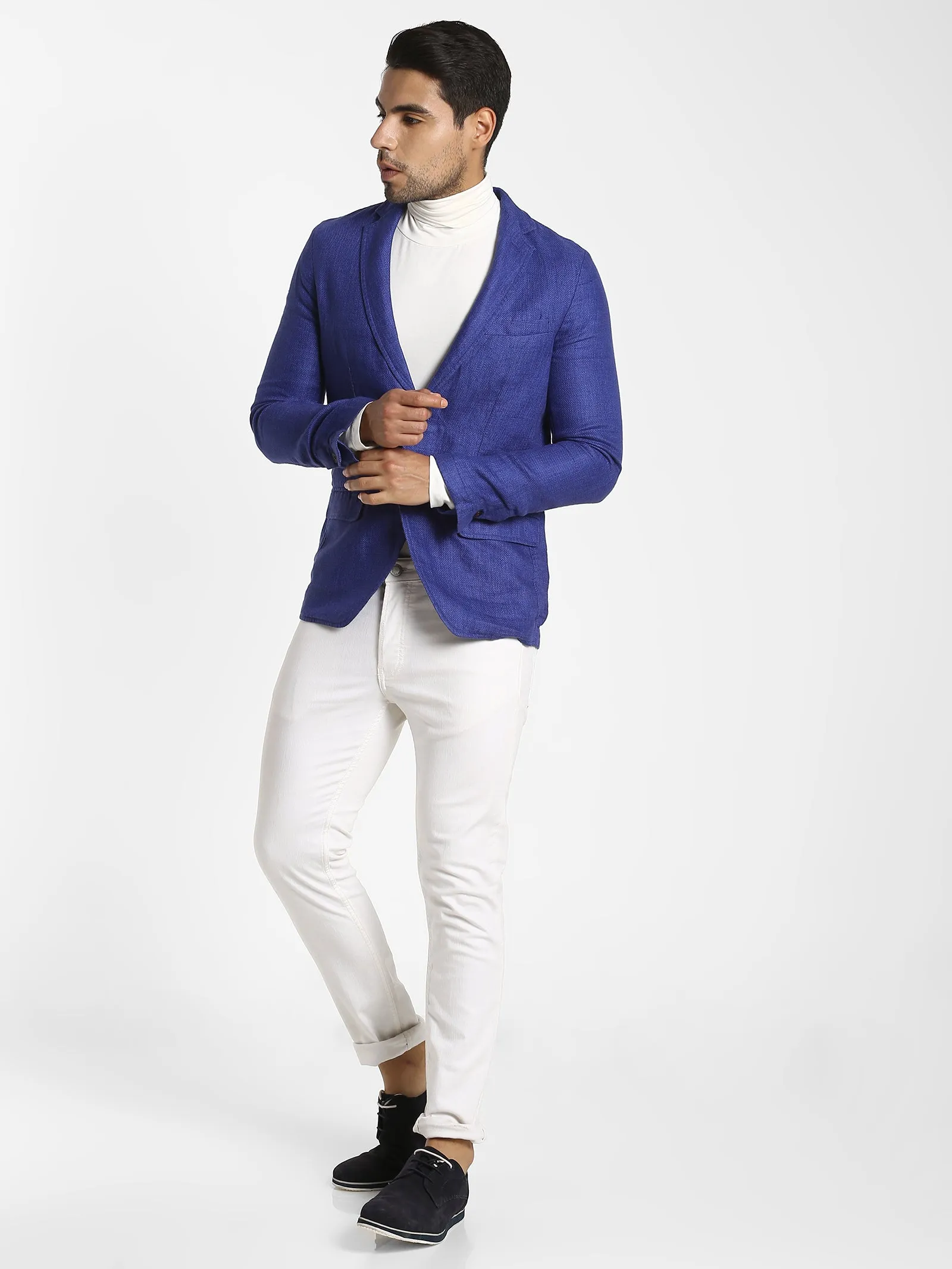 Blue Solid Linen Blazer