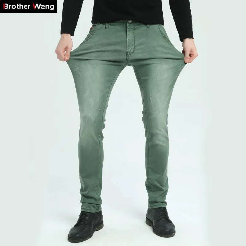 Brother Wang Brand 2017 New Men's Elastic Jeans Fashion Slim Skinny Jeans Casual Pants Trousers Jeans Male Green Black Blue