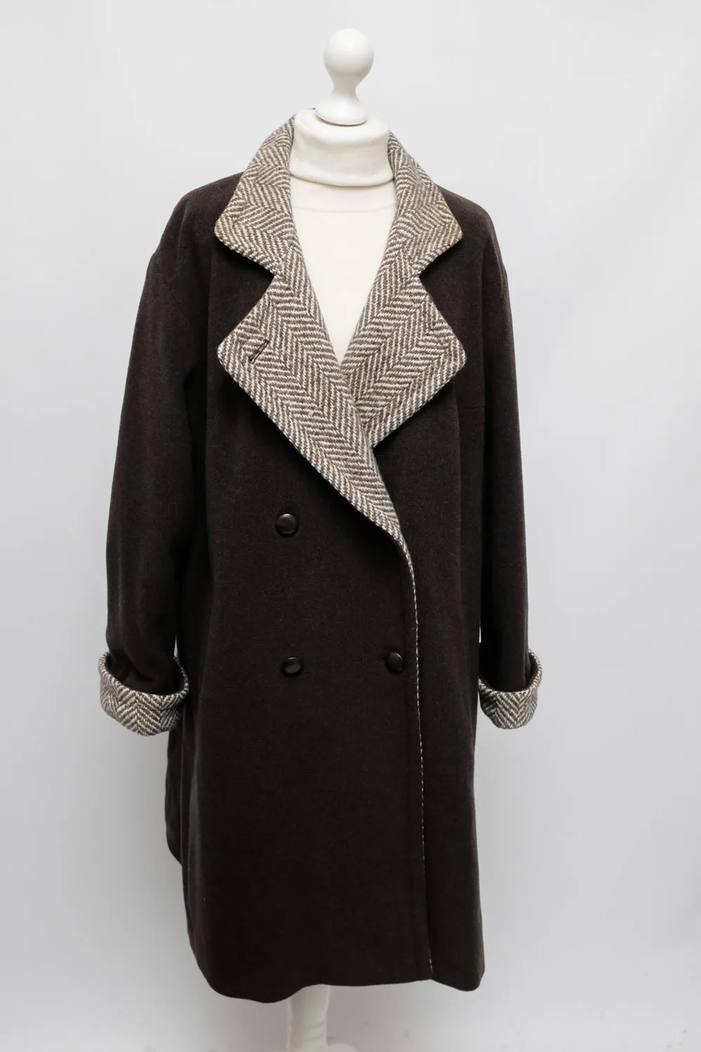 BROWN WOOL VINTAGE HERRINGBONE COAT