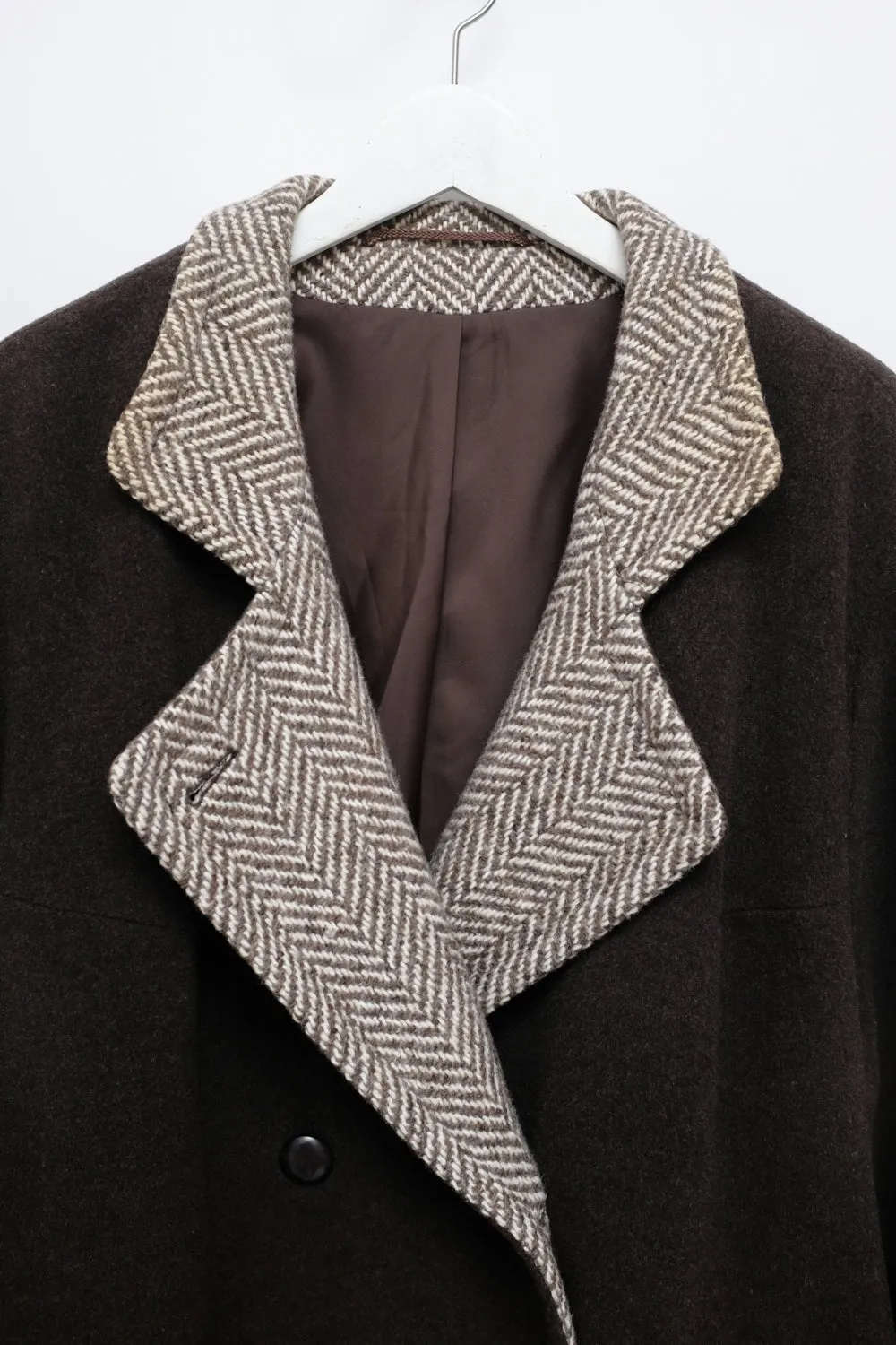 BROWN WOOL VINTAGE HERRINGBONE COAT