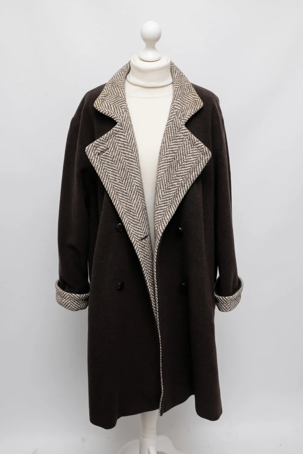 BROWN WOOL VINTAGE HERRINGBONE COAT