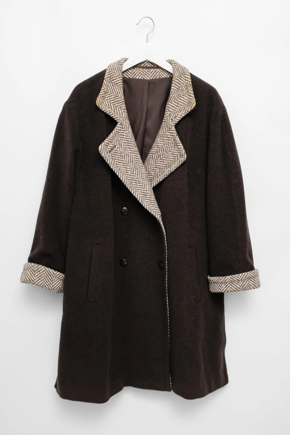 BROWN WOOL VINTAGE HERRINGBONE COAT