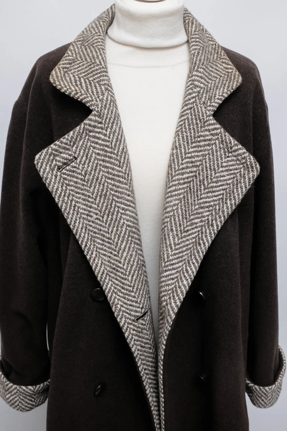 BROWN WOOL VINTAGE HERRINGBONE COAT