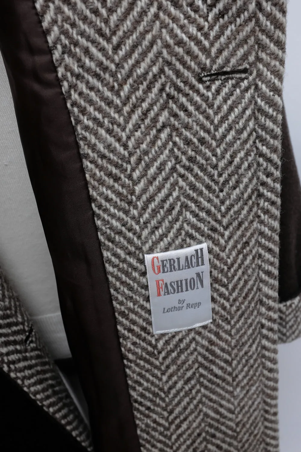 BROWN WOOL VINTAGE HERRINGBONE COAT