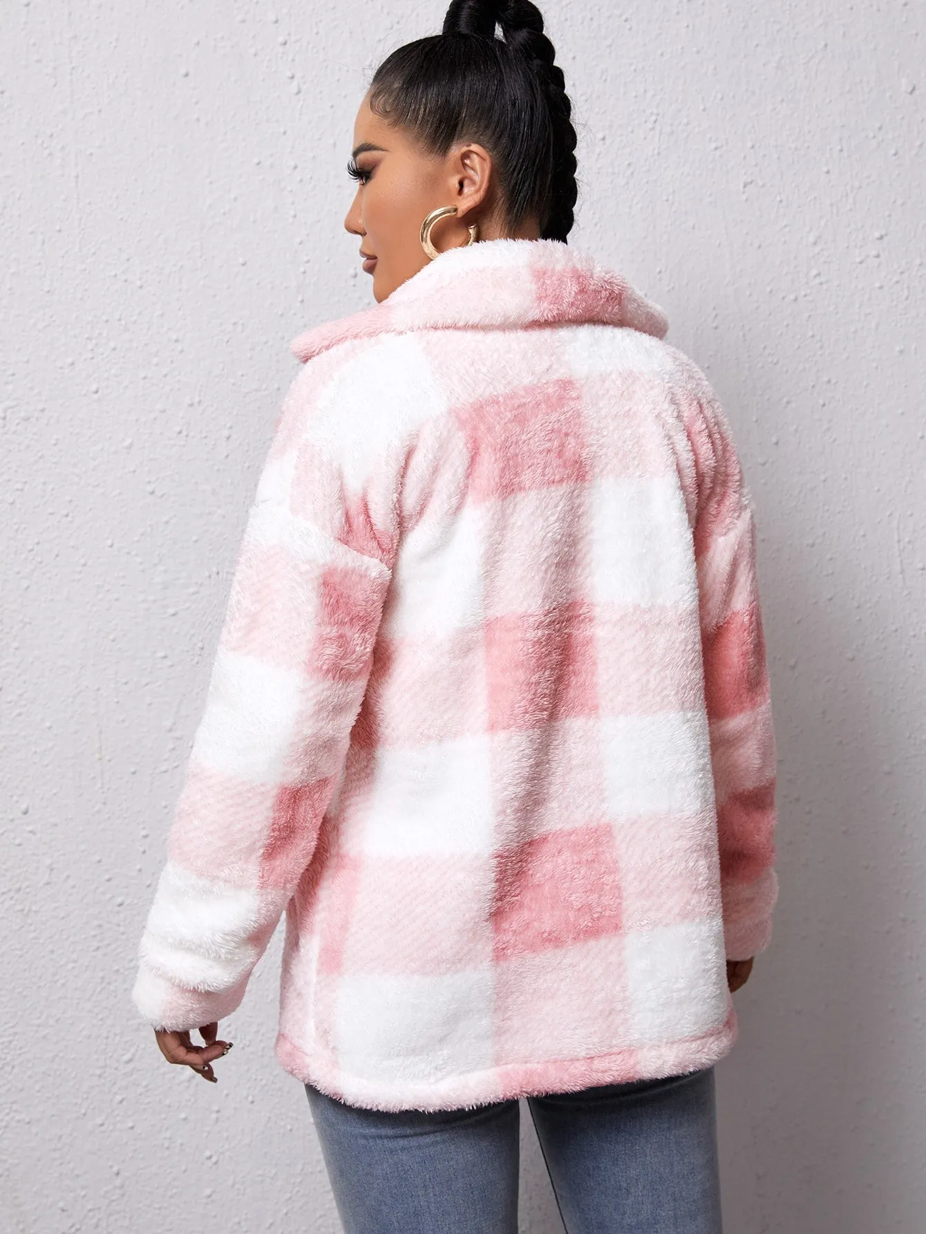 Cozy Fleece Coat with Buffalo Plaid Print and Patch Pockets