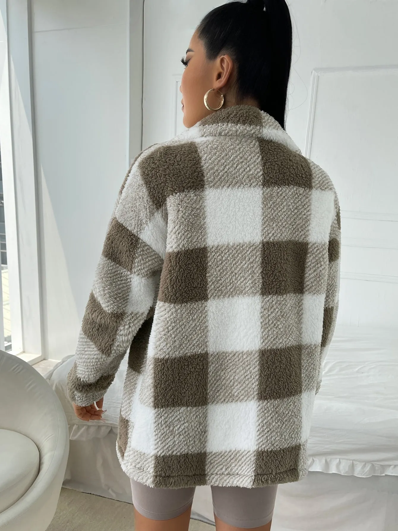 Cozy Fleece Coat with Buffalo Plaid Print and Patch Pockets