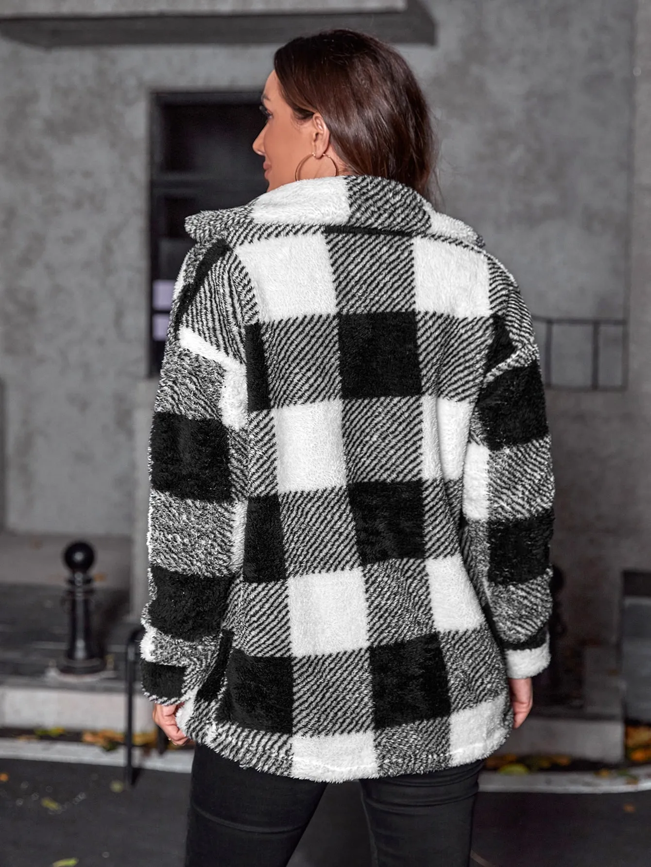 Cozy Fleece Coat with Buffalo Plaid Print and Patch Pockets