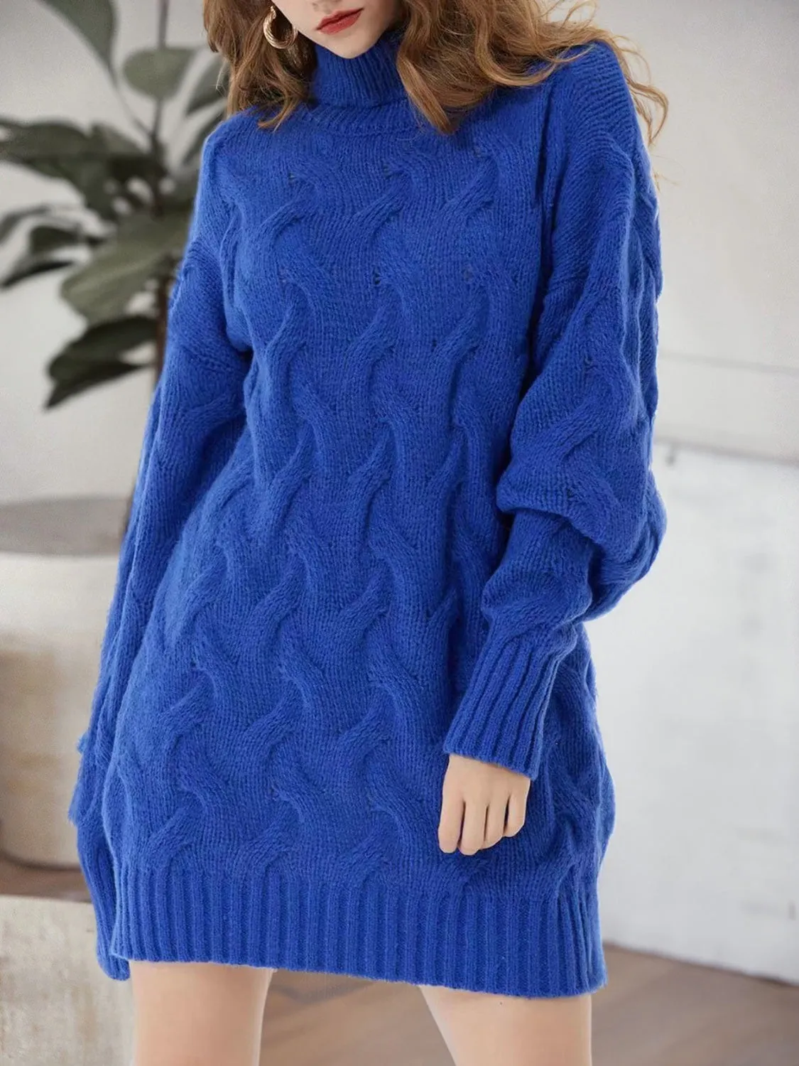 Cable-Knit Turtleneck Sweater Dress