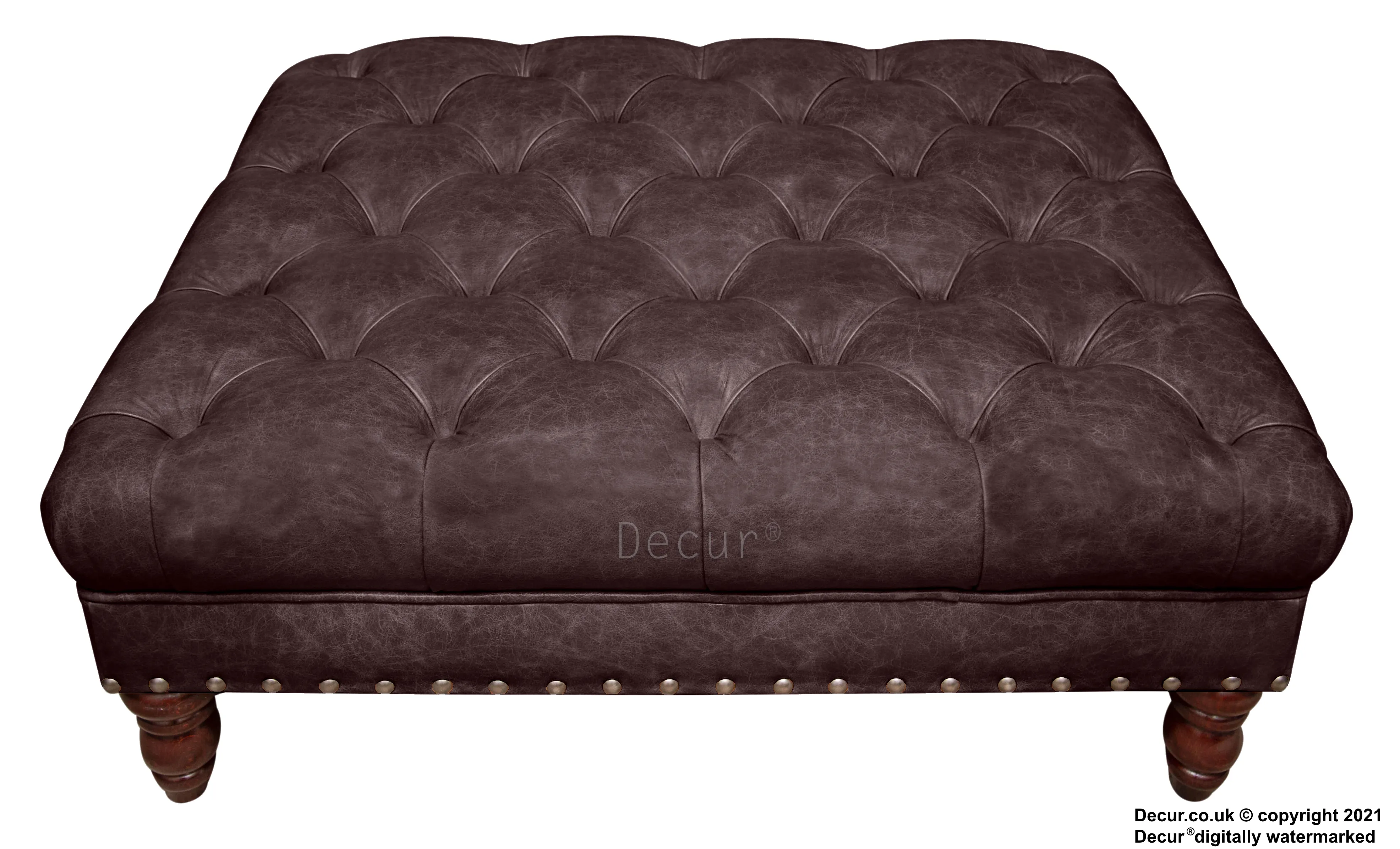 Carrington Buttoned Leather Footstool - Dark Brown Bitter