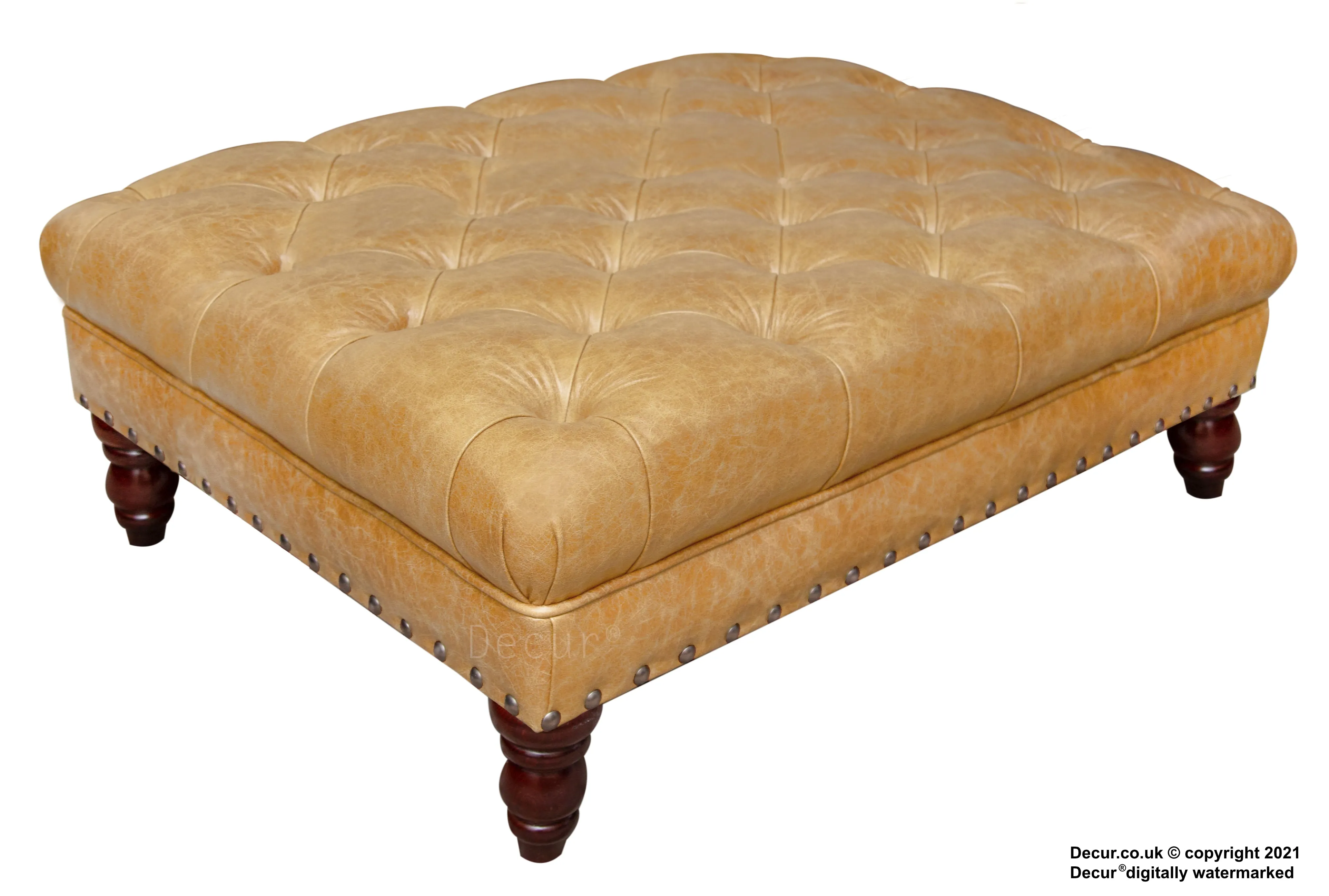 Carrington Buttoned Leather Footstool - Pale Ale Tan