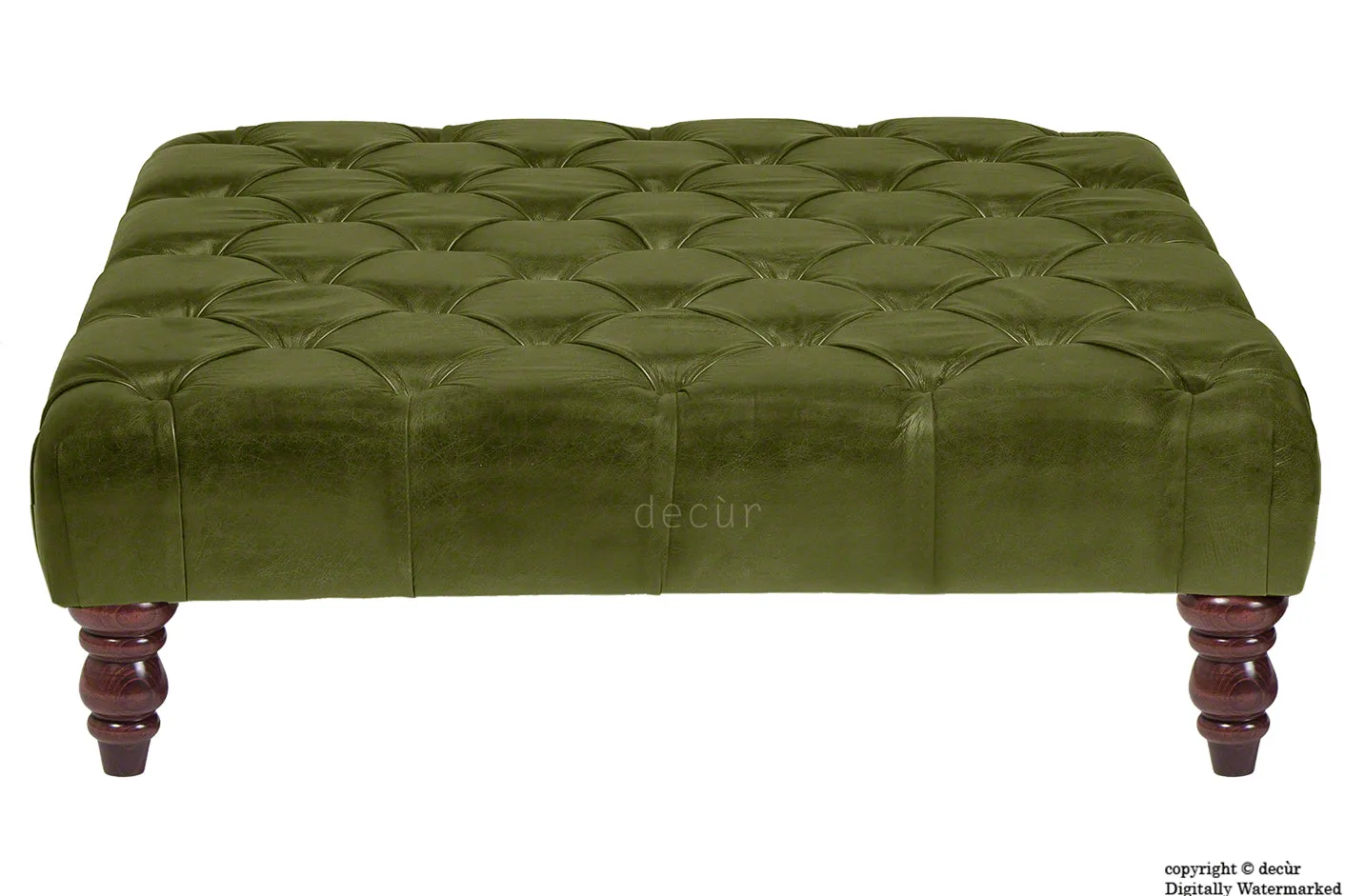 Cecil Buttoned Leather Footstool - Olive Green