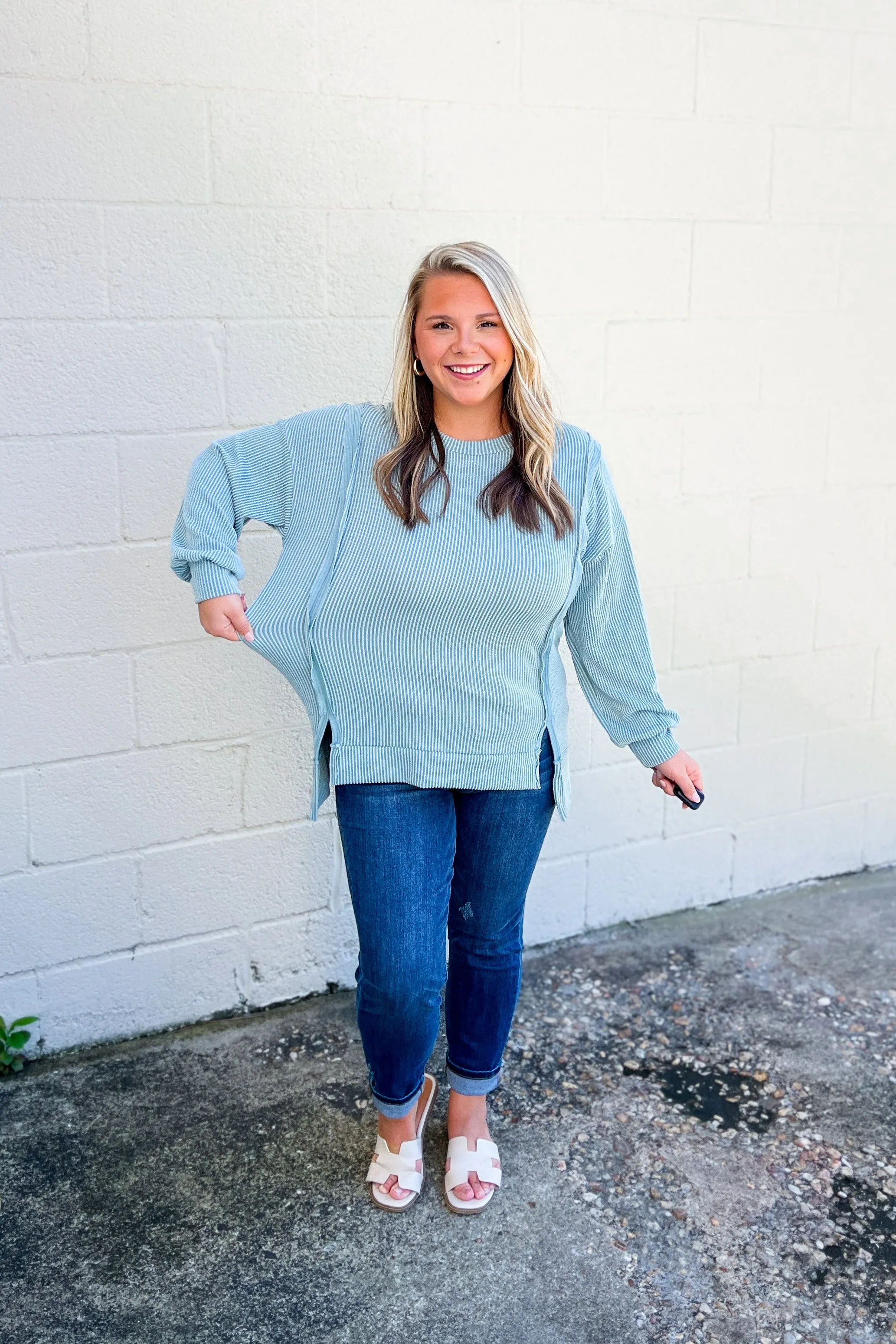 Devin Ribbed Pullover Top, Sage