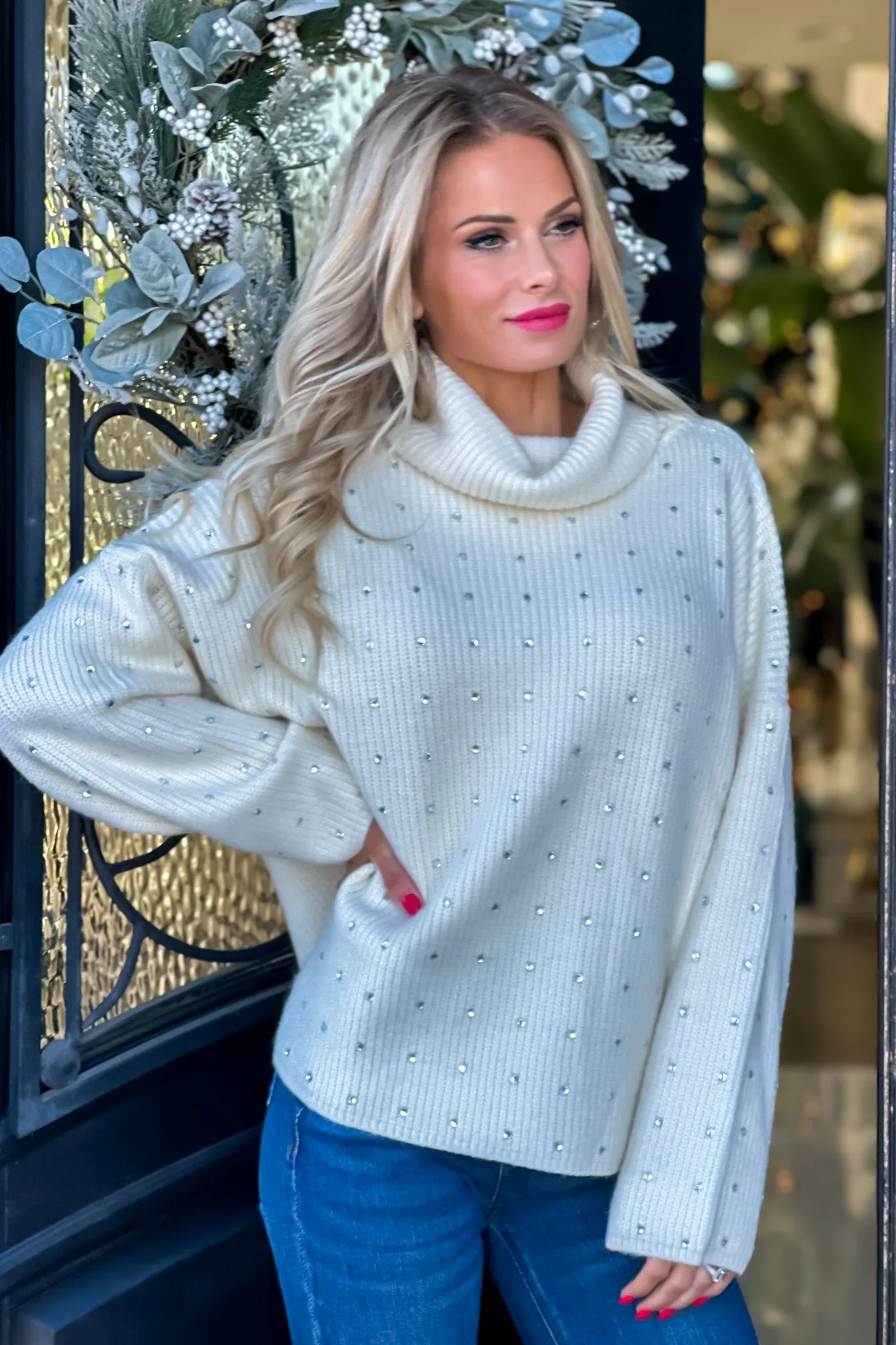 Dolly Rhinestone Embellished Turtleneck Sweater : Cream