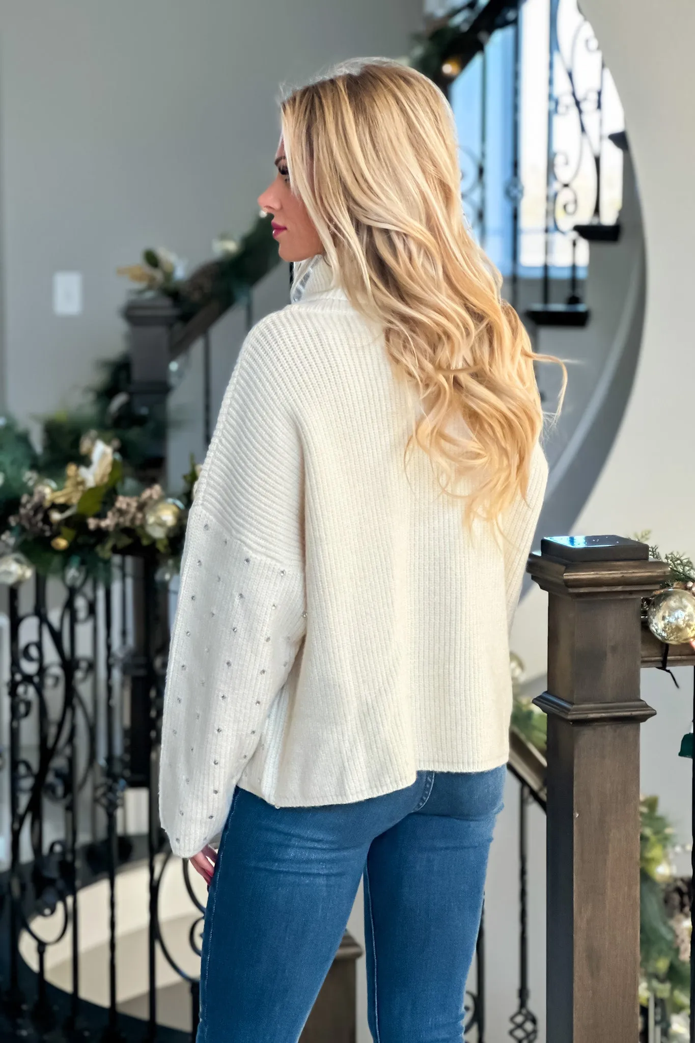 Dolly Rhinestone Embellished Turtleneck Sweater : Cream