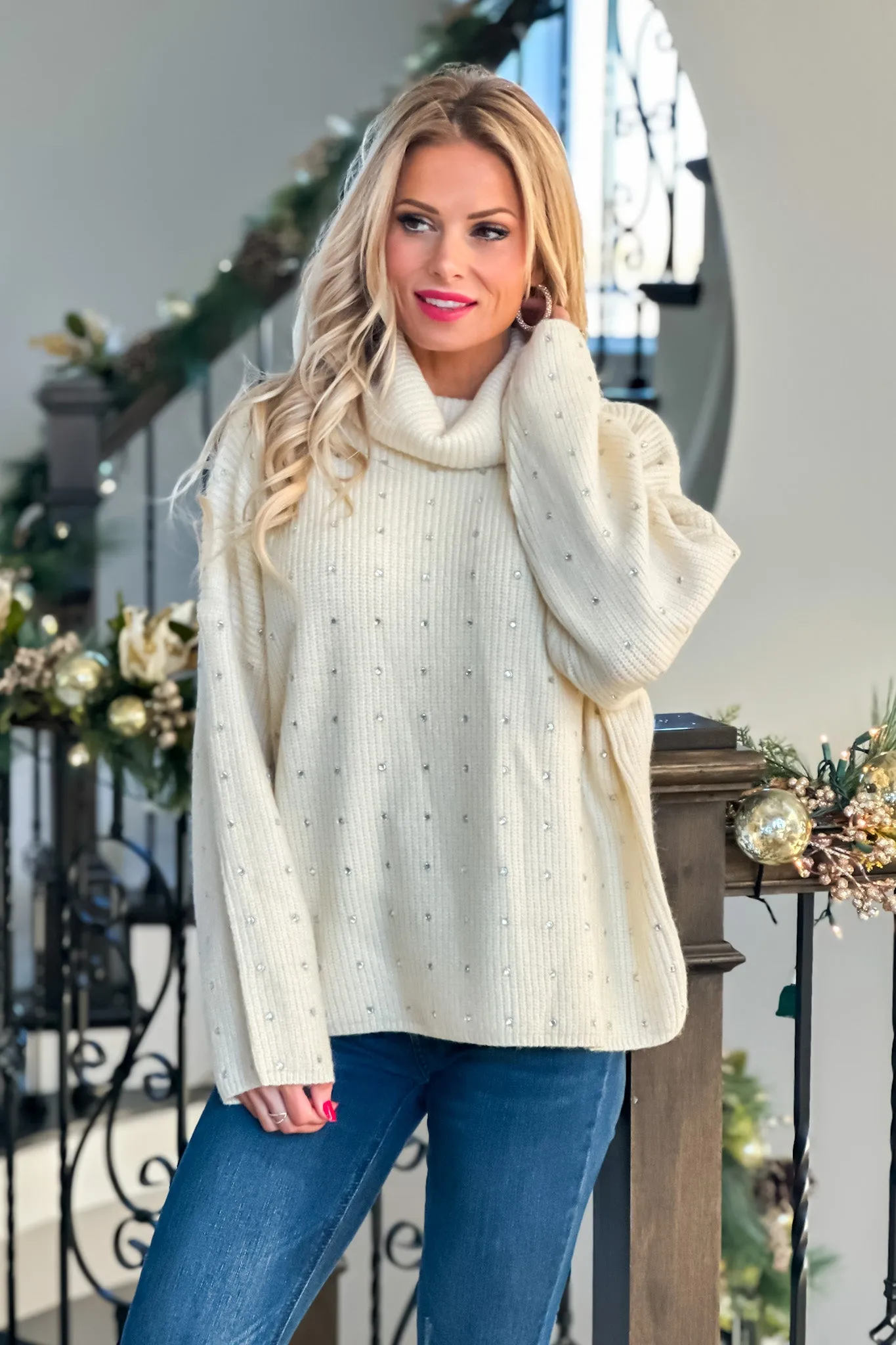 Dolly Rhinestone Embellished Turtleneck Sweater : Cream