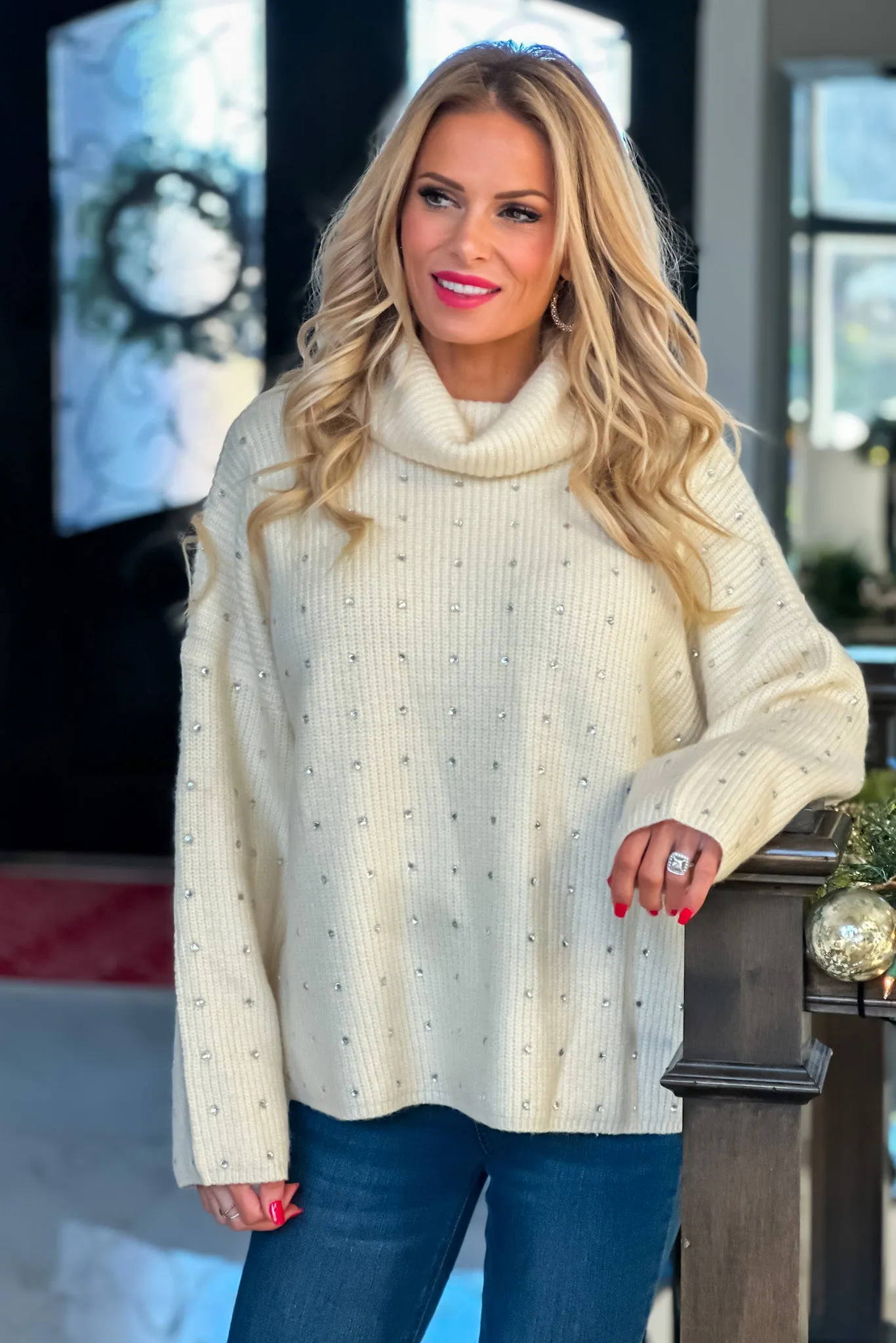 Dolly Rhinestone Embellished Turtleneck Sweater : Cream