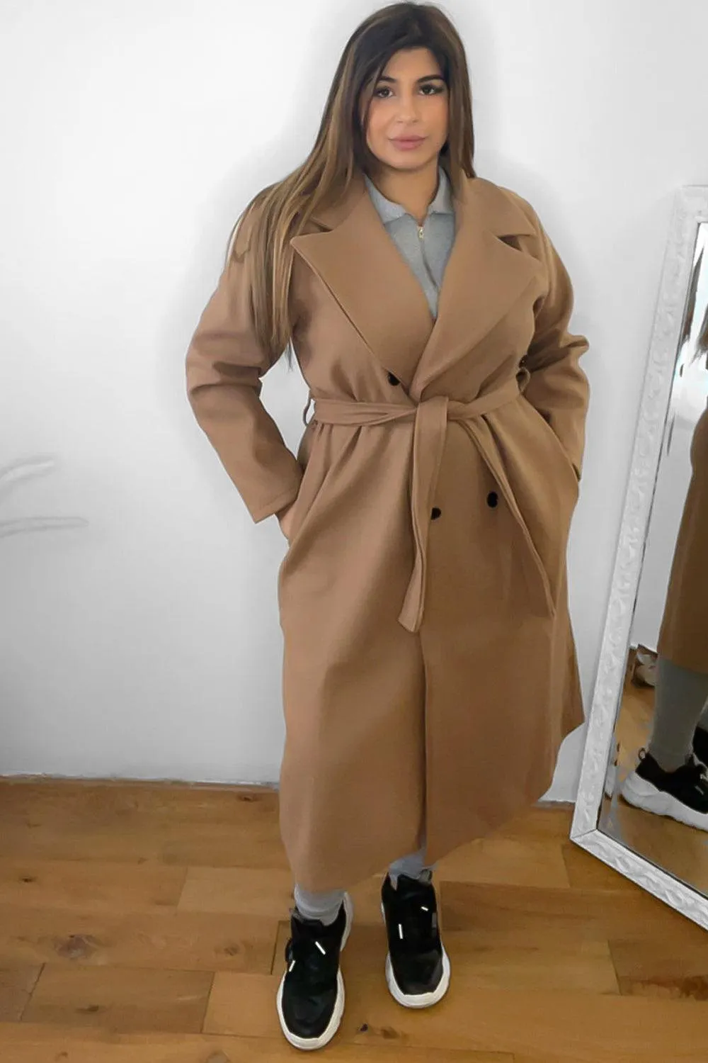 Double Breasted Self Tie Belt Midi Coat