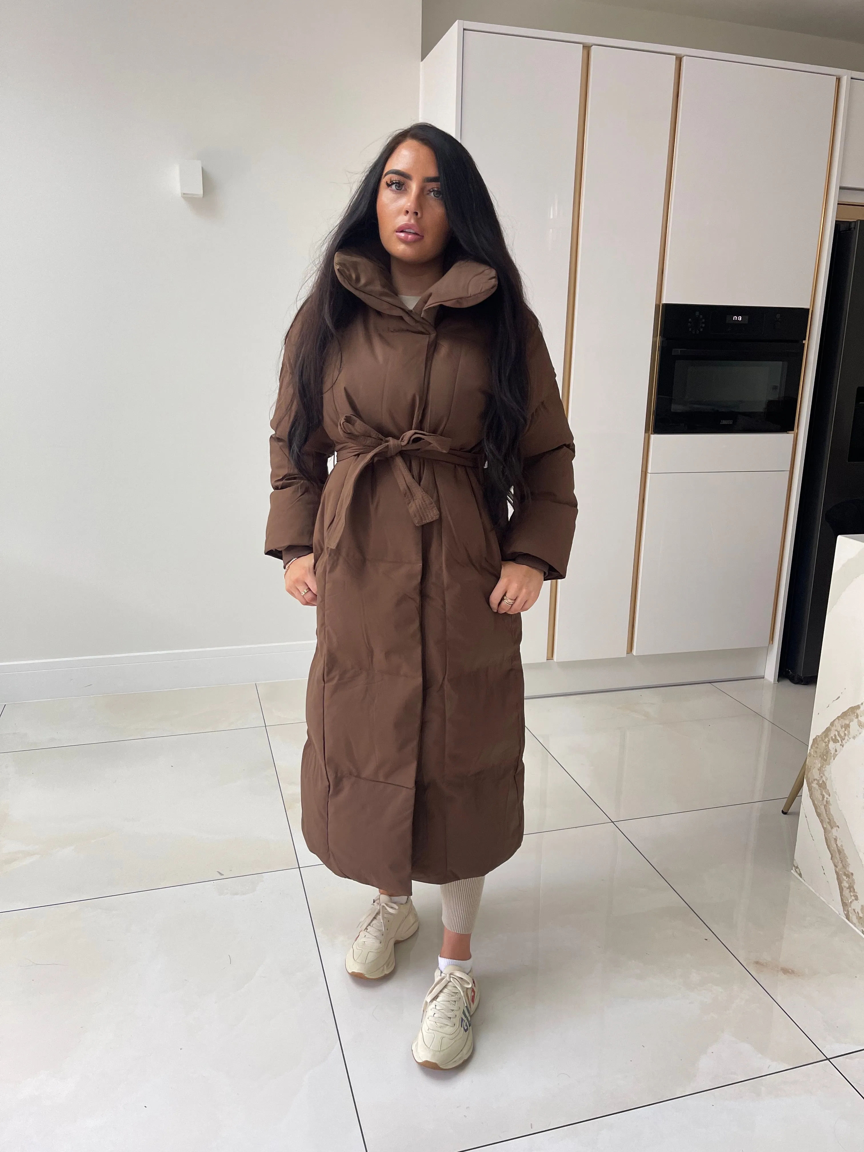 Extra long belted coat - brown