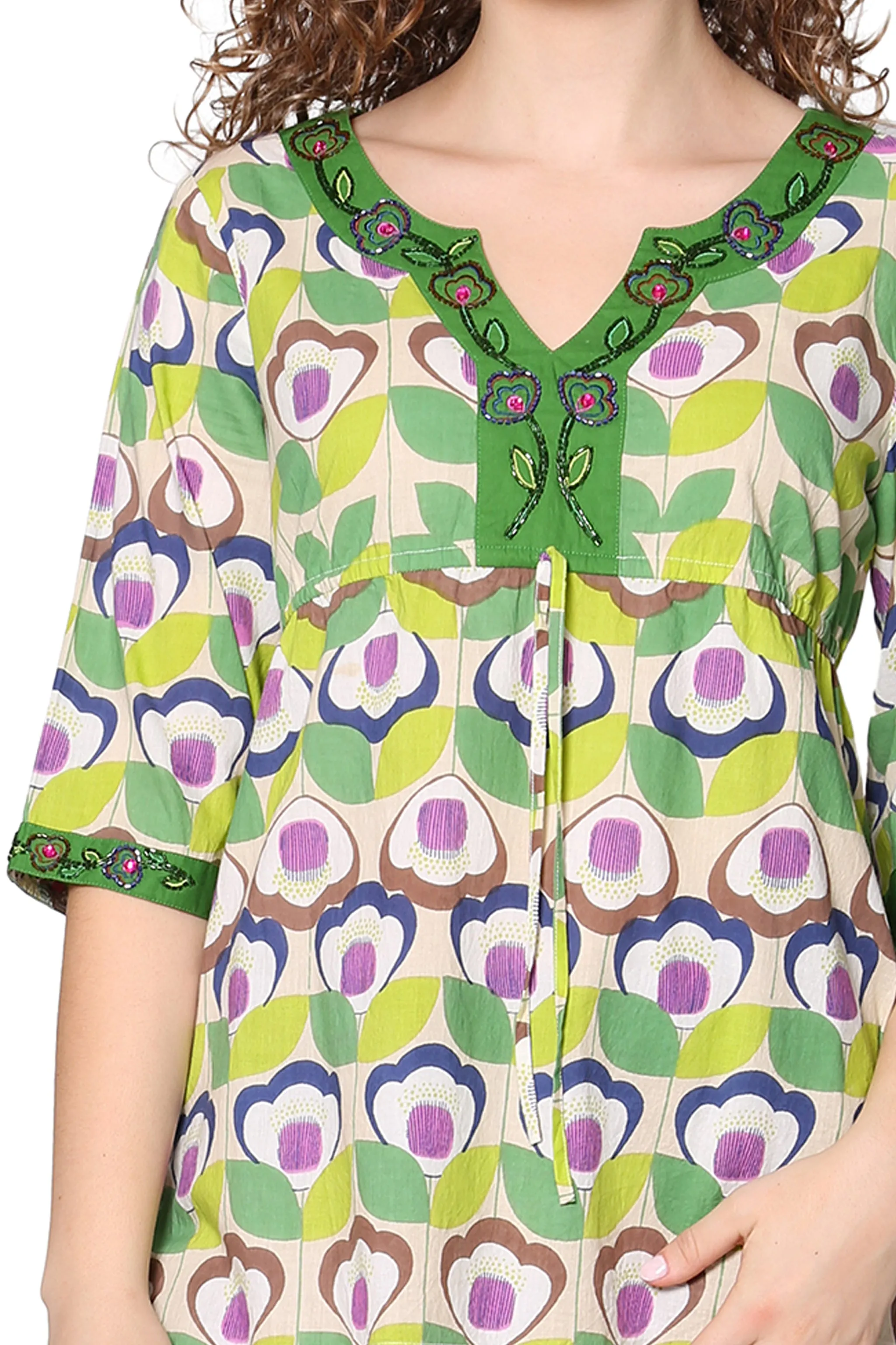 Green Floral Cotton Voile Embroidered Tunic