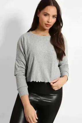 Grey Cropped Ribbed Pullover