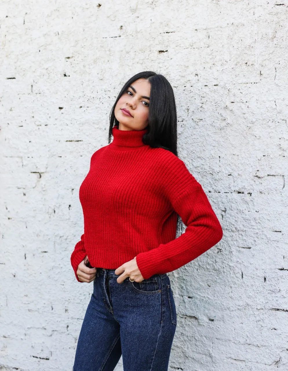 High Neck Cropped Pullover Red