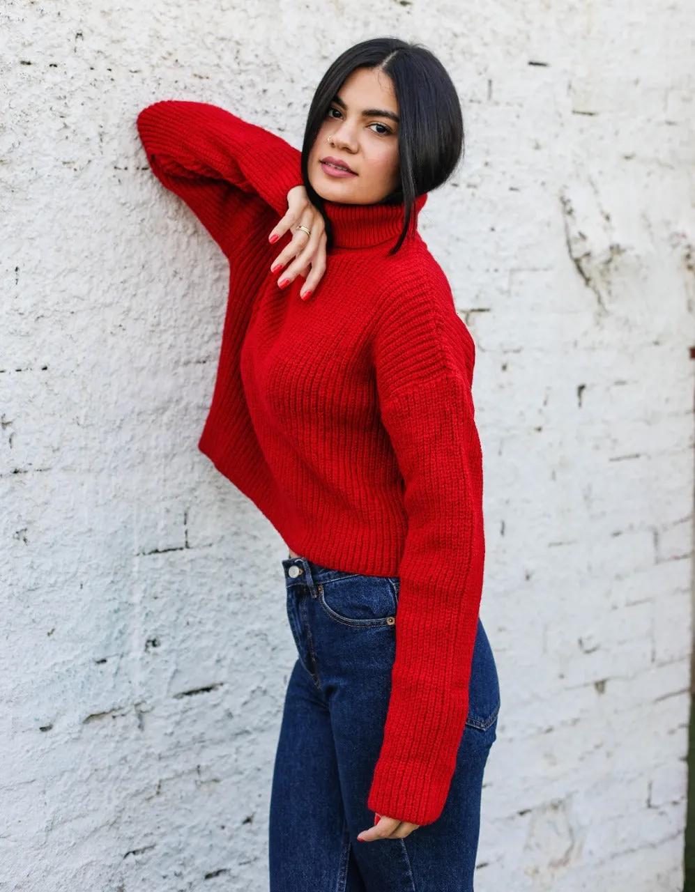 High Neck Cropped Pullover Red