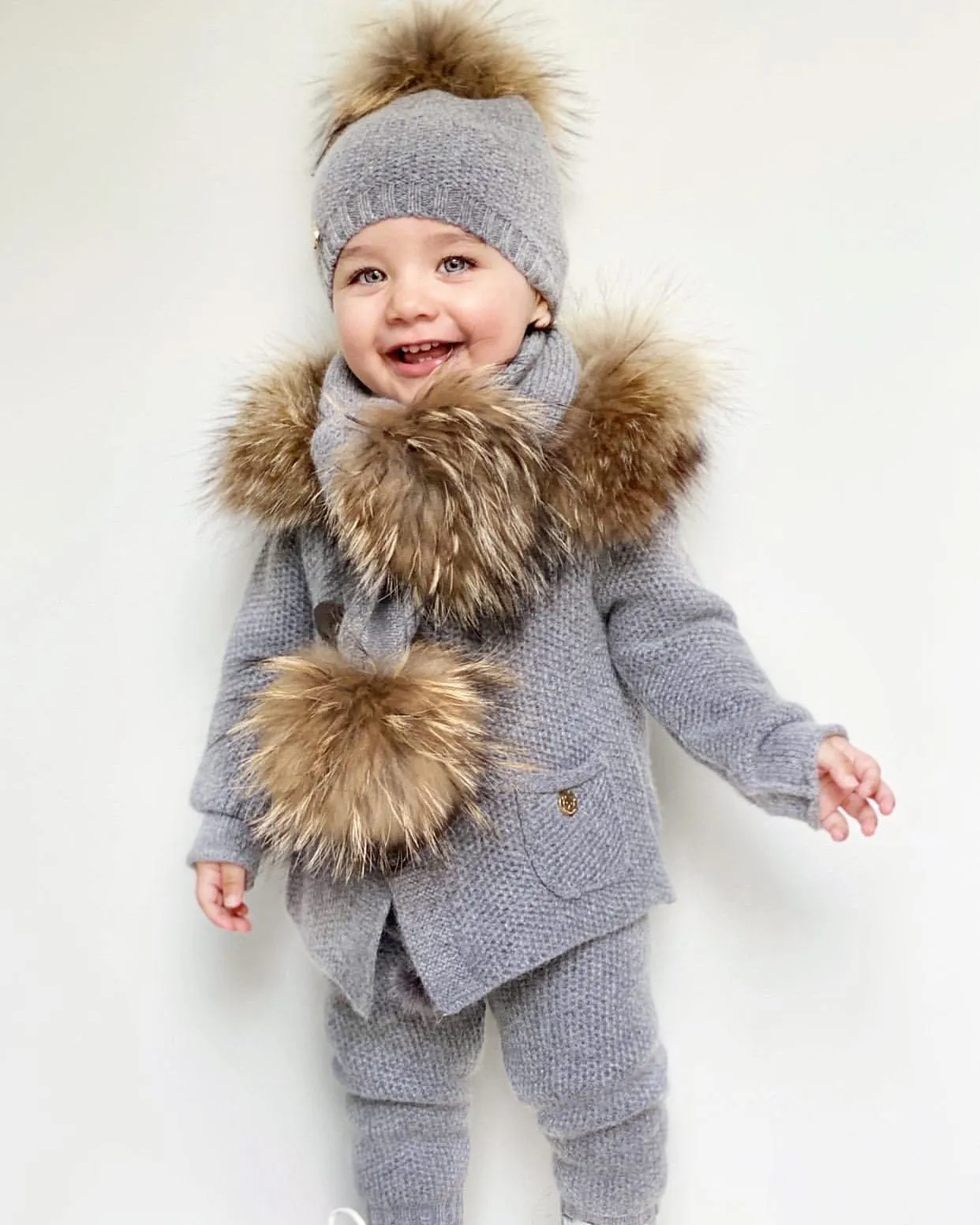 Honeycomb Grey Cashmere Pram Coat with Natural Trim