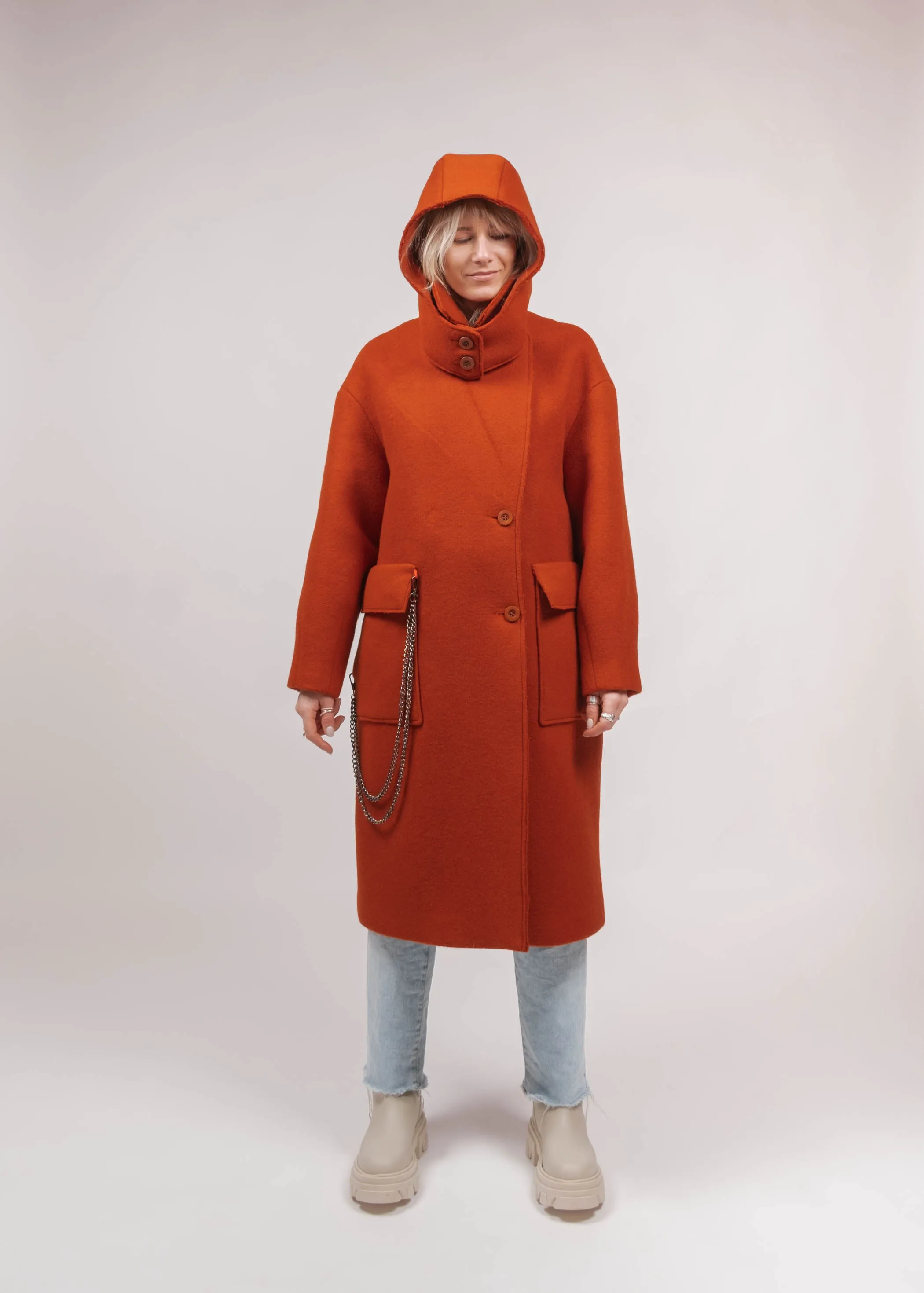 JOELL Hooded Wool Coat - Orange