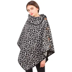 Leopard Pattern Turtleneck Coconut Button Poncho