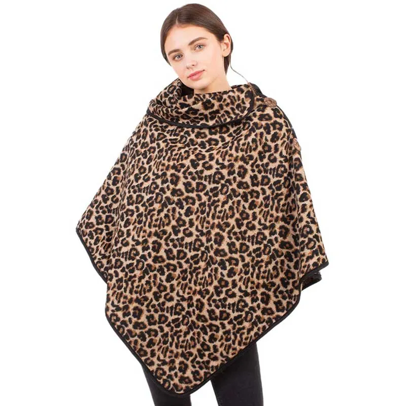 Leopard Pattern Turtleneck Coconut Button Poncho