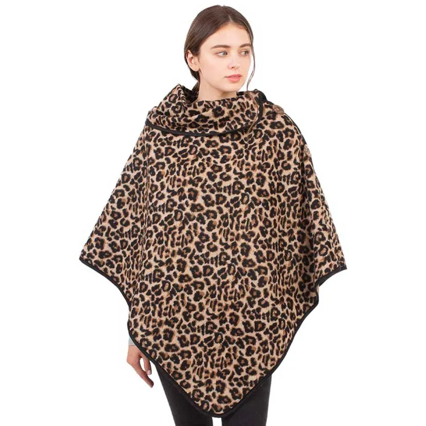 Leopard Pattern Turtleneck Coconut Button Poncho