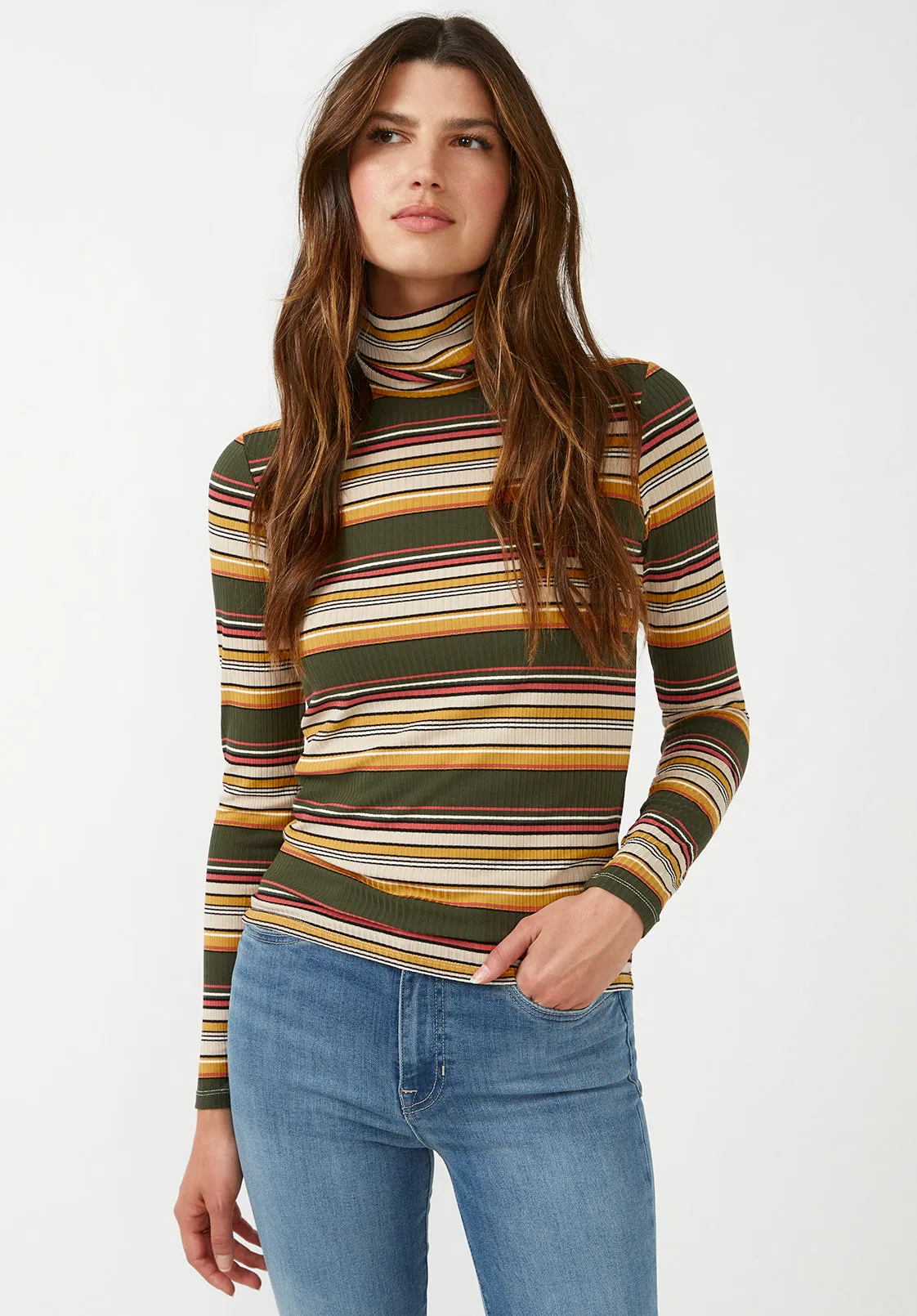 Mavra Women's Ribbed Turtleneck in Multicolor Stripes - KT0056F