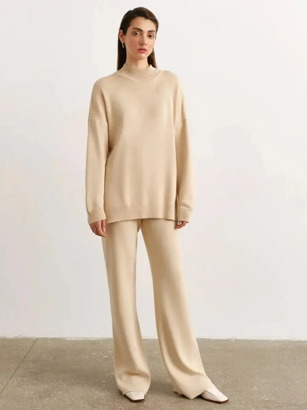 MS022 Solid Color Knit Turtleneck Slit Sweater Set