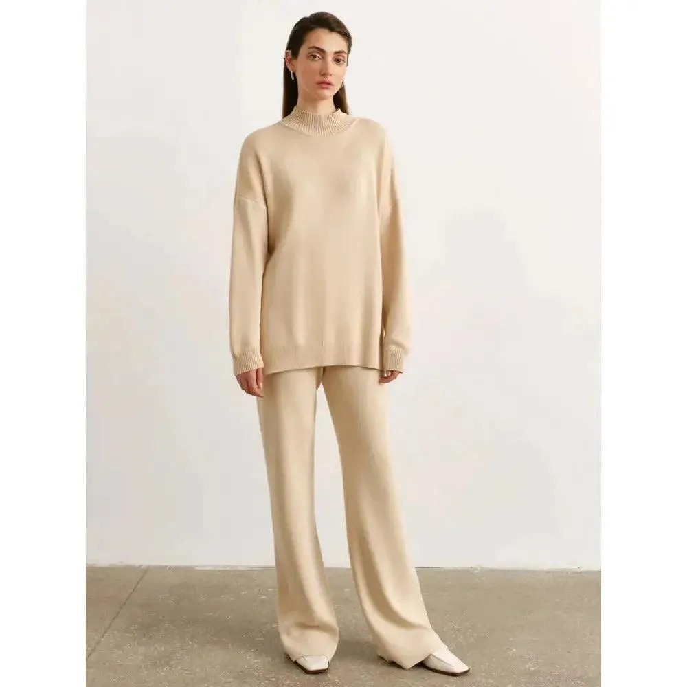 MS022 Solid Color Knit Turtleneck Slit Sweater Set