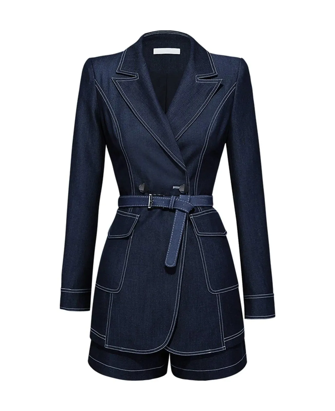 Navy Blue Belted Blazer & Mini Shorts Set