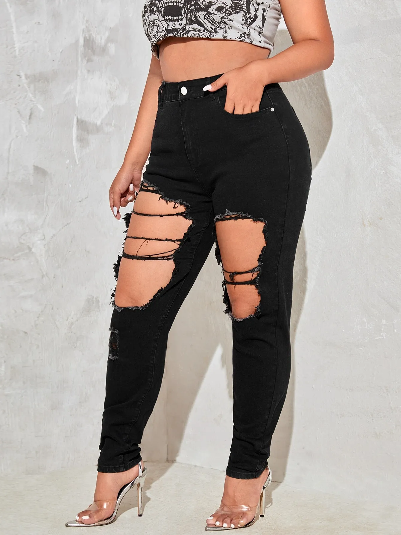 Plus High Waist Cut Out Ripped Skinny Jeans