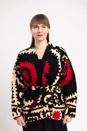 Handcrafted Bohemian Red Sun Suzani Embroidered Jacket