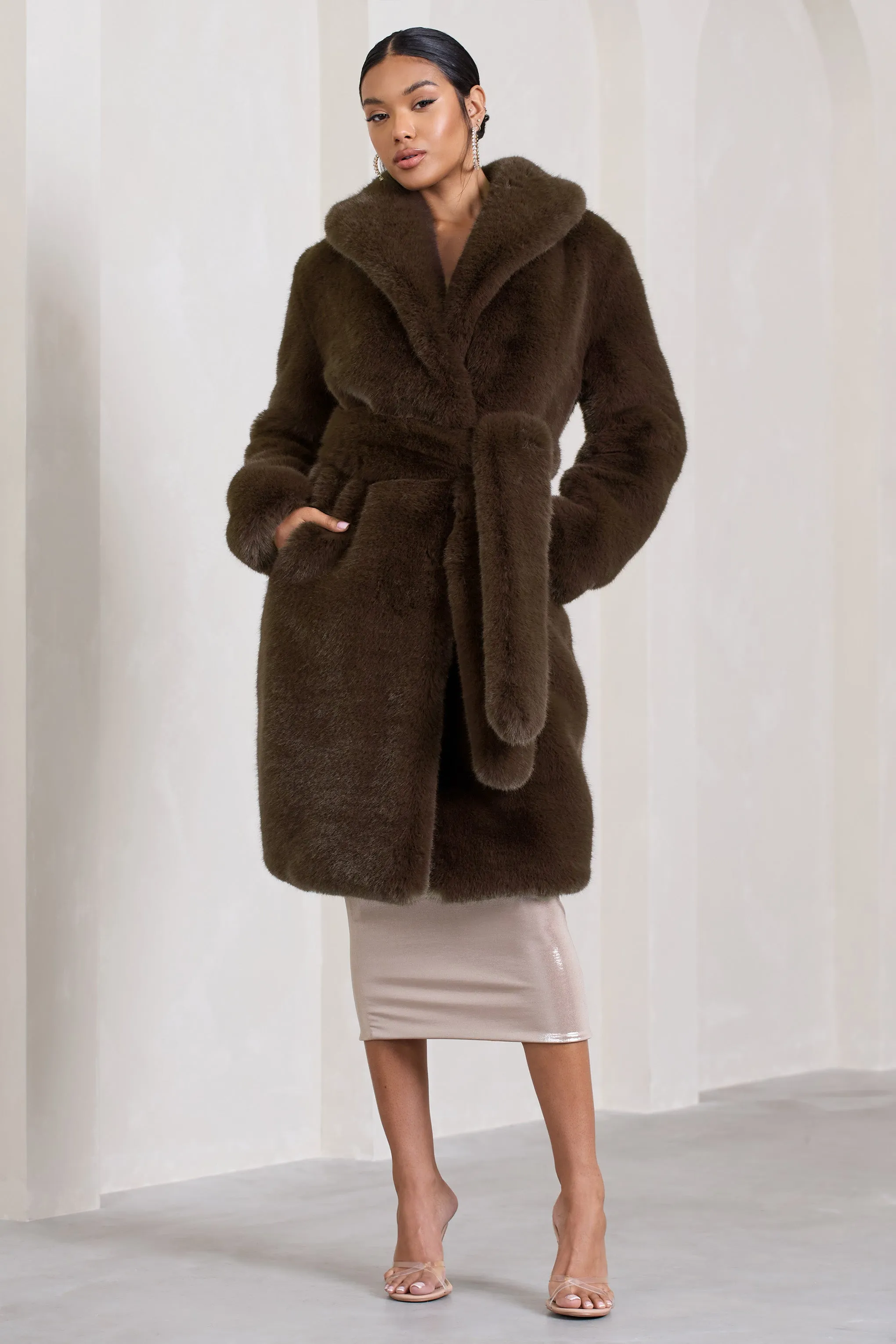 Slopeside | Brown Long Belted Faux Fur Coat