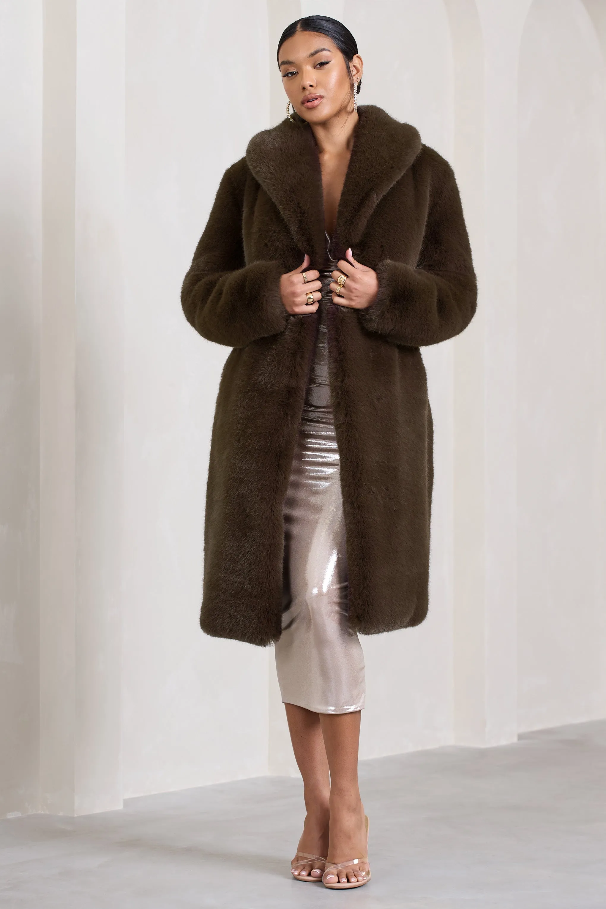 Slopeside | Brown Long Belted Faux Fur Coat